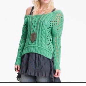 Free People teal crochet scoop neck sweater Large